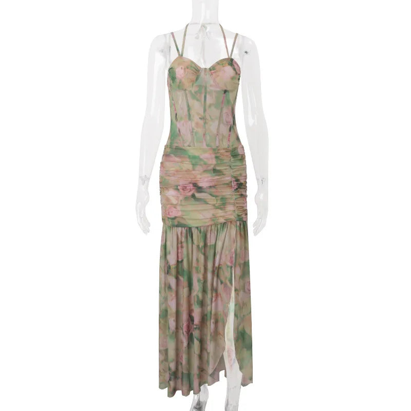 Elegant Floral Spaghetti Strap Maxi Dress With Backless High Split Ruched Silhouette