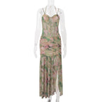 Elegant Floral Spaghetti Strap Maxi Dress With Backless High Split Ruched Silhouette