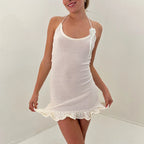 Coquette Flower Trim Bodycon Dress With Halter Tie Up Backless Sleeveless Ruffled Hem Mini