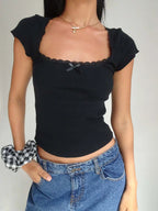 Vintage Cottagecore Knit Tee With Lace Trim And Square Neckline Milkmaid Crop Top