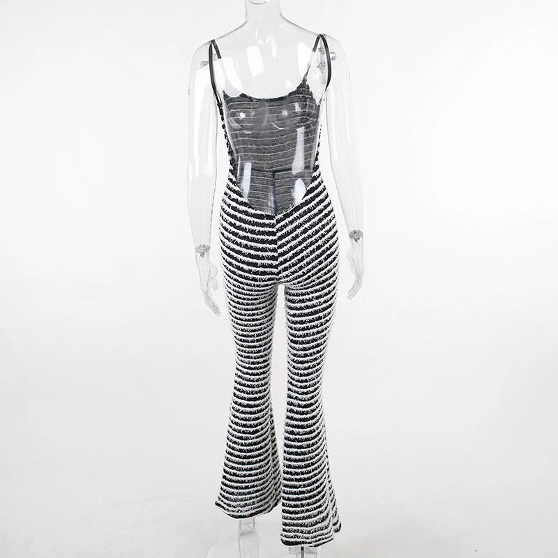 Backless Striped Jumpsuit With High Waist Flare Legs