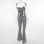 Backless Striped Jumpsuit With High Waist Flare Legs