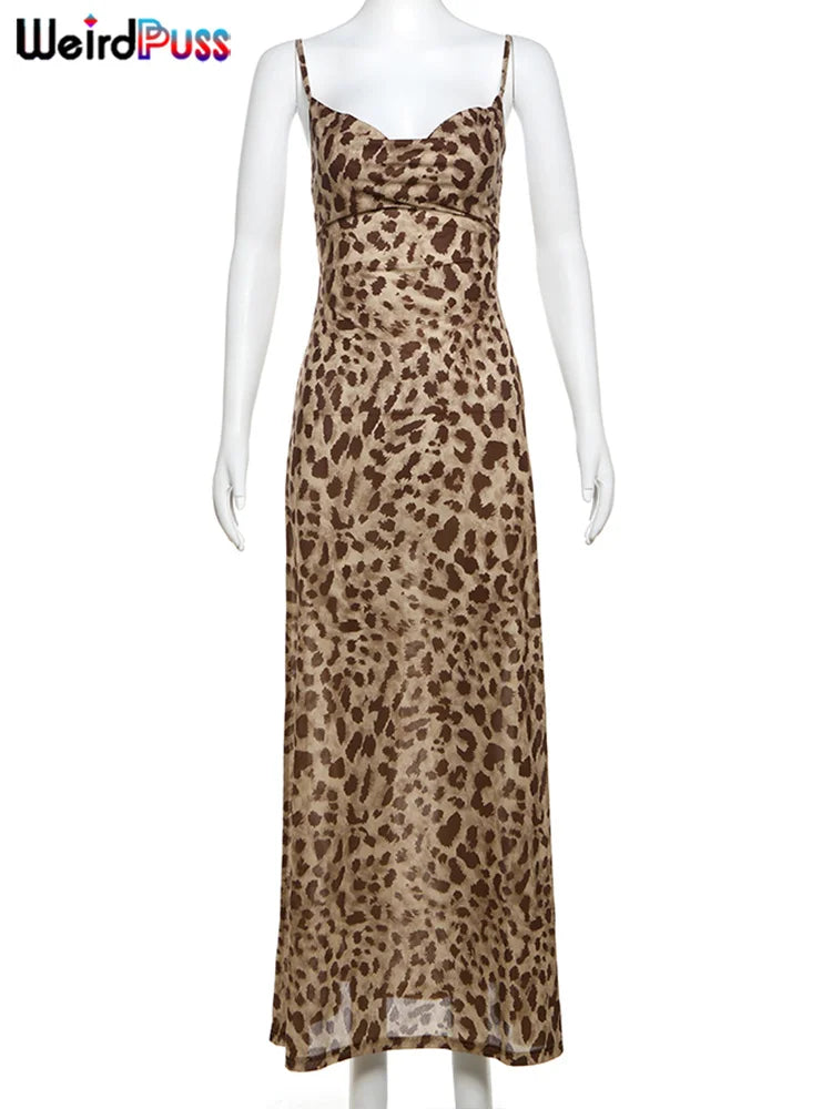 Leopard Print Spaghetti Strap Backless Dress With Ruffle Hem