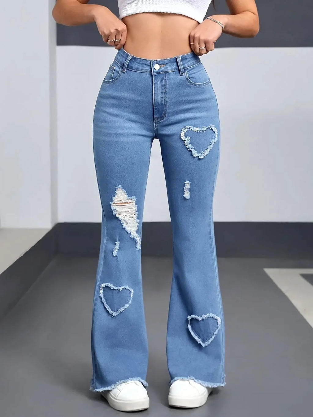 Heart Shaped Flared Jeans For Women High Waist Elastic Denim Y2K Retro