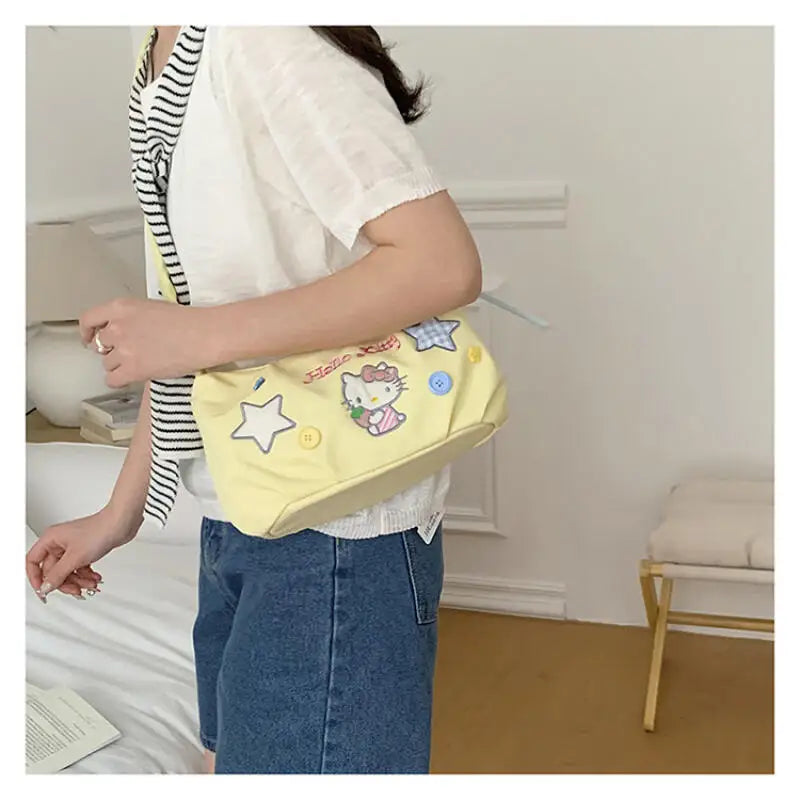Bright Strawberry Daydream Shoulder Bag With Yellow Nylon And Blue Grid Star Detail