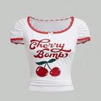 Cherry Print Lace Trim Crop Top