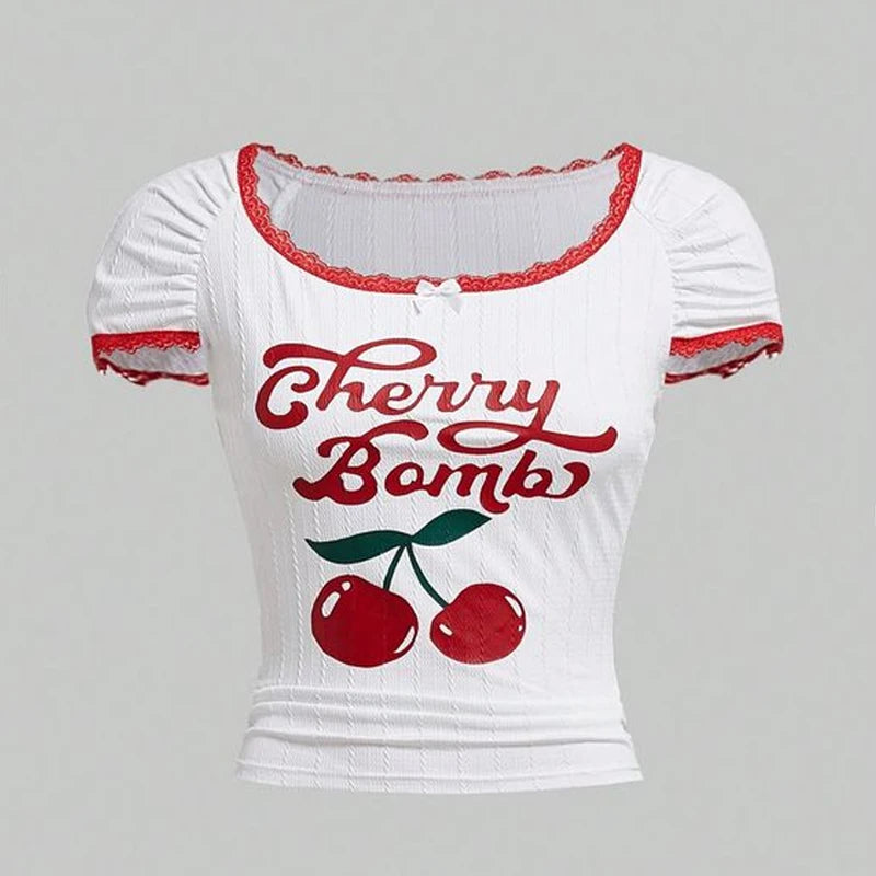 Cherry Print Lace Trim Crop Top