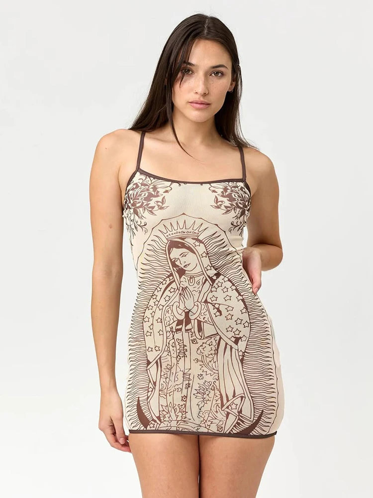 See Through Sling Dress Backless Mini For Women Flirty Cartoon Print