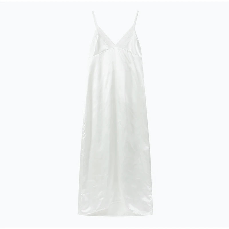 V-Neck Satin Sling Maxi Dress With Lace Patchwork Backless Evening Gown