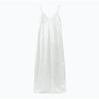 V-Neck Satin Sling Maxi Dress With Lace Patchwork Backless Evening Gown