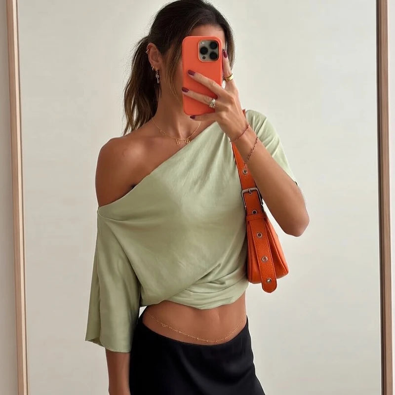 One Shoulder Crop Top For Women Short Sleeve