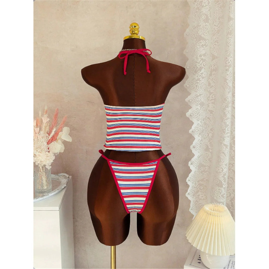 Striped V Neck Tankini Two Piece Bikini Halter Set