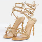 Crystal Flower High Heels With Ankle Strap Strappy Thin Sandals