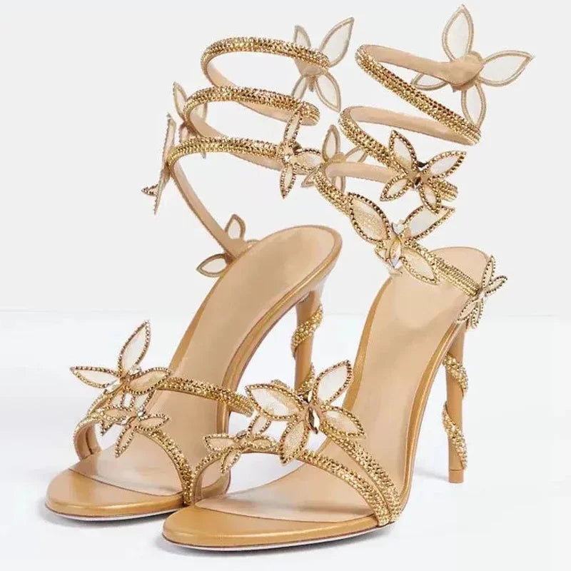Crystal Flower High Heels With Ankle Strap Strappy Thin Sandals