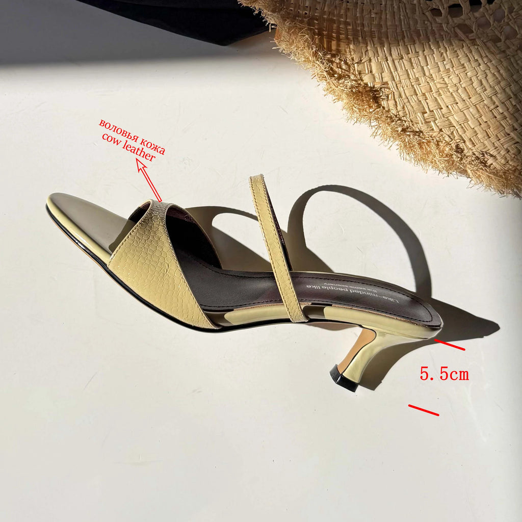 Genuine Leather Slip On Peep Toe Mules