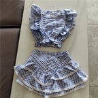 Cotton Plaid Ruffled Top And Shorts Set For Women