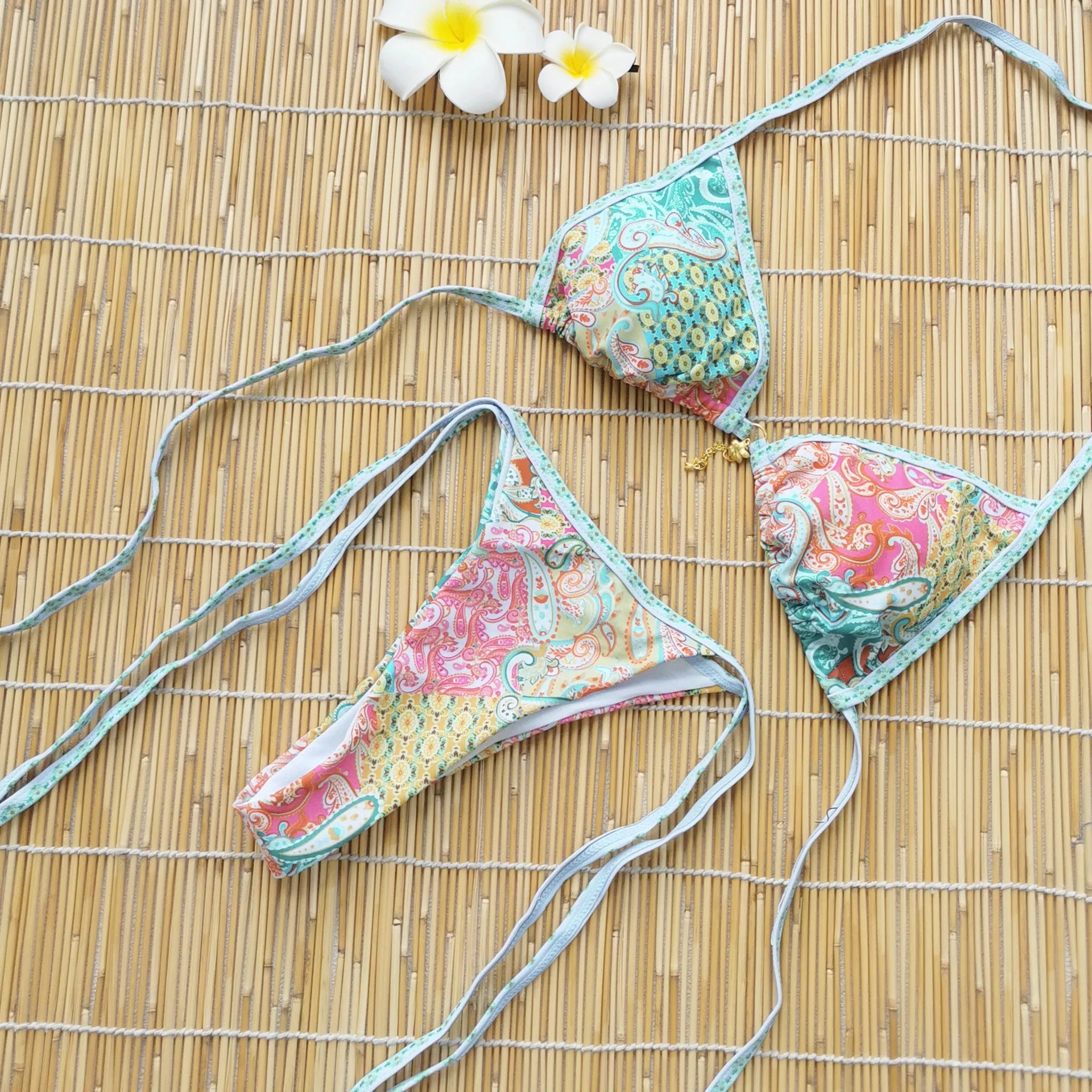Retro Green Floral Bikini Set With Push Up Top And Cheeky Thong Bottom