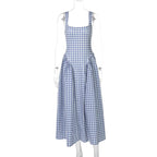 Gingham Square Neck A-Line Midi Dress With Pockets
