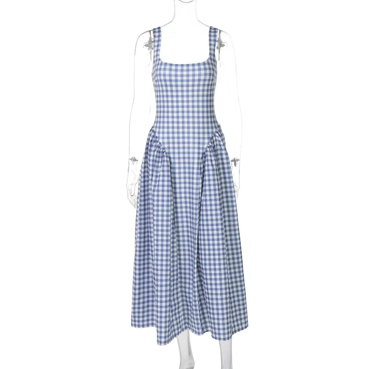 Gingham Square Neck A-Line Midi Dress With Pockets