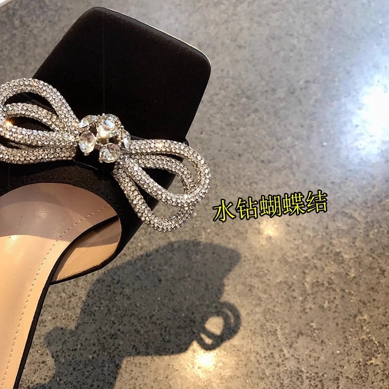 Rhinestone Butterfly Knot High Heel Sandals With Crystal Bow Mules