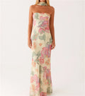Floral Tube Maxi Dress With Scarf Strapless Backless Mesh Bodycon Sundress