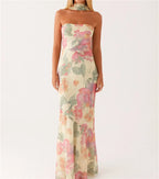 Floral Tube Maxi Dress With Scarf Strapless Backless Mesh Bodycon Sundress