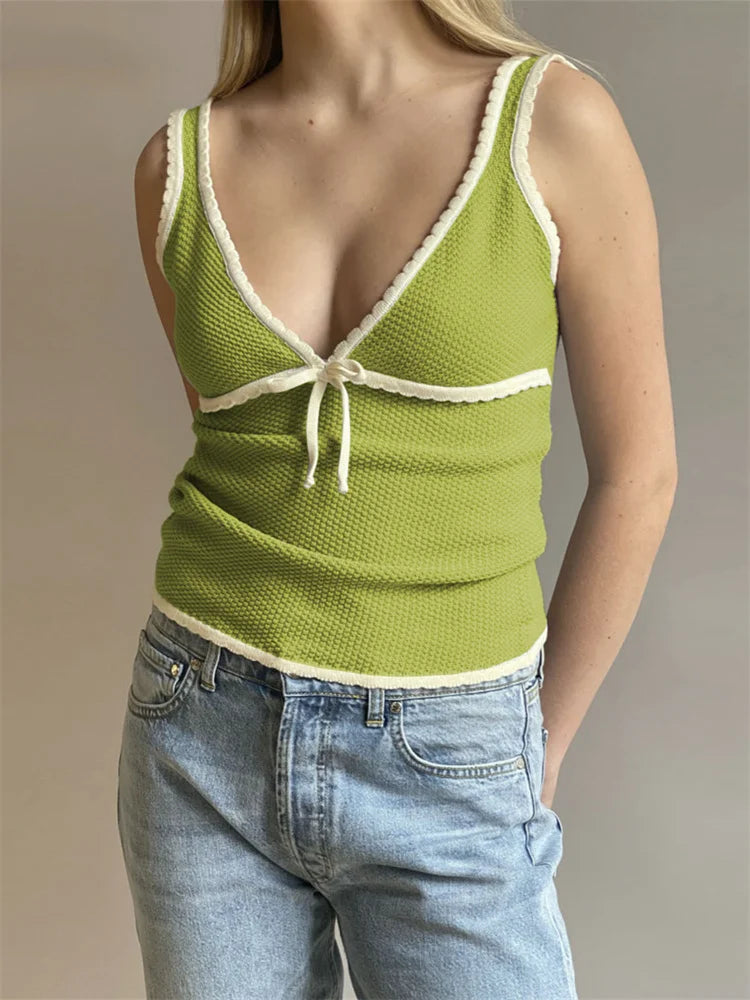 Backless Lace Up Crop Tank Top With V Neck