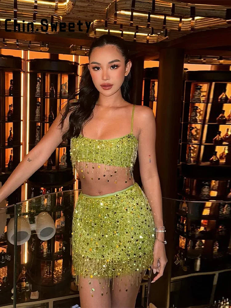 Beaded Sequin Two Piece Set Sleeveless Backless Crop Top And Mini Skirt Glam Outfit