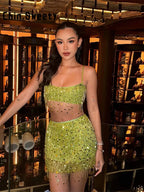 Beaded Sequin Two Piece Set Sleeveless Backless Crop Top And Mini Skirt Glam Outfit