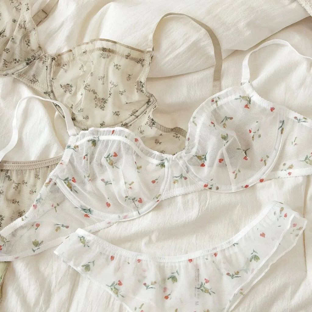 French Ultra Thin Lace Floral Lingerie Set With Plunge Mesh Bra And Matching Thong