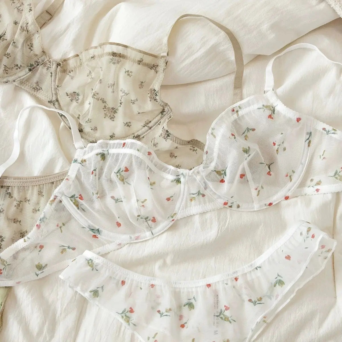 French Ultra Thin Lace Floral Lingerie Set With Plunge Mesh Bra And Matching Thong