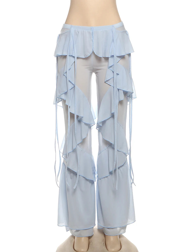 Irregular Tiered Flare Pants With Patchwork See Through