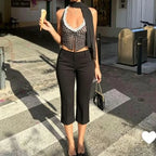 Side Slit Capri Leggings Slim Fit Three Quarter Length Trousers