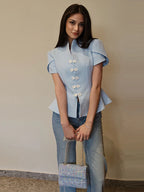 Blue Stand Collar Puff Sleeve Blazer Single Breasted