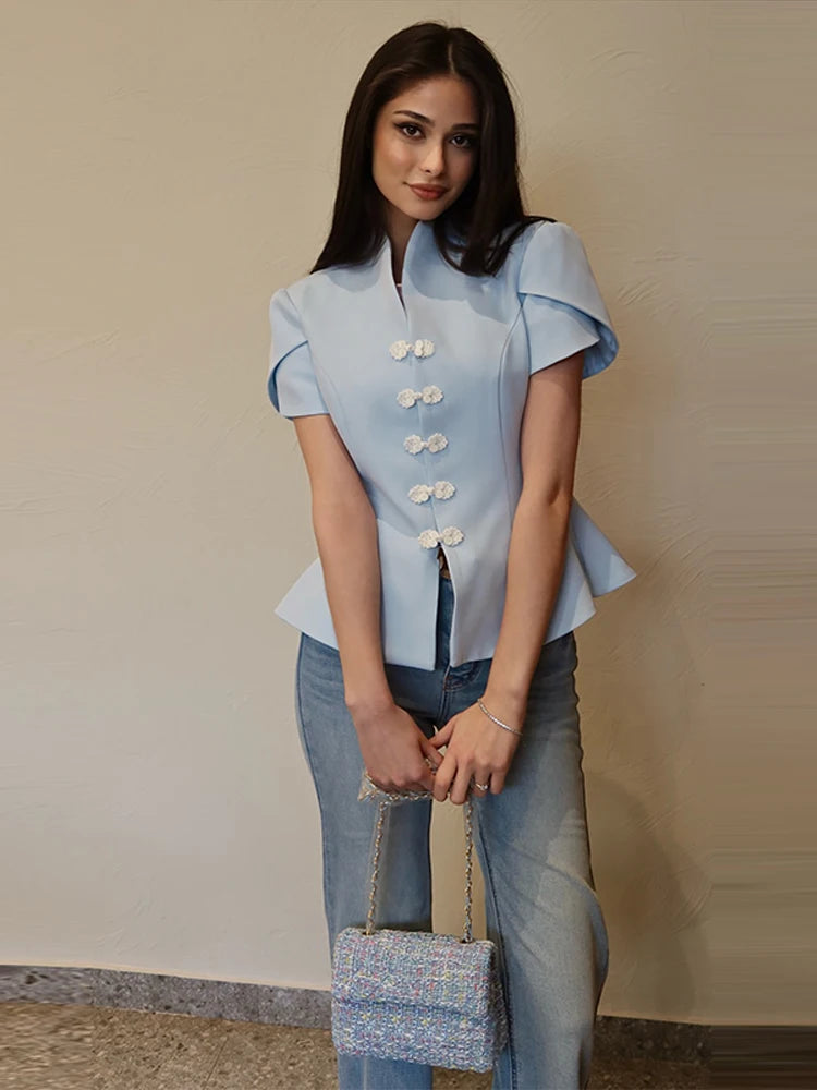 Blue Stand Collar Puff Sleeve Blazer Single Breasted