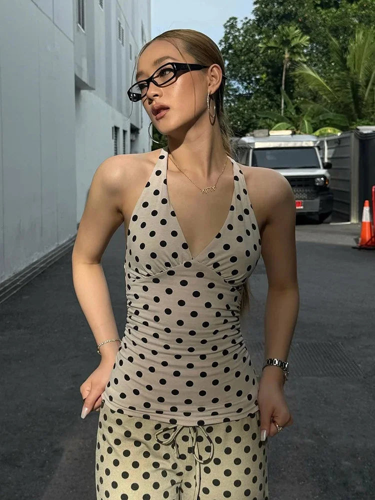 Polka Dot Halter Tank Top With Backless Lace Up Detail Chic Summer