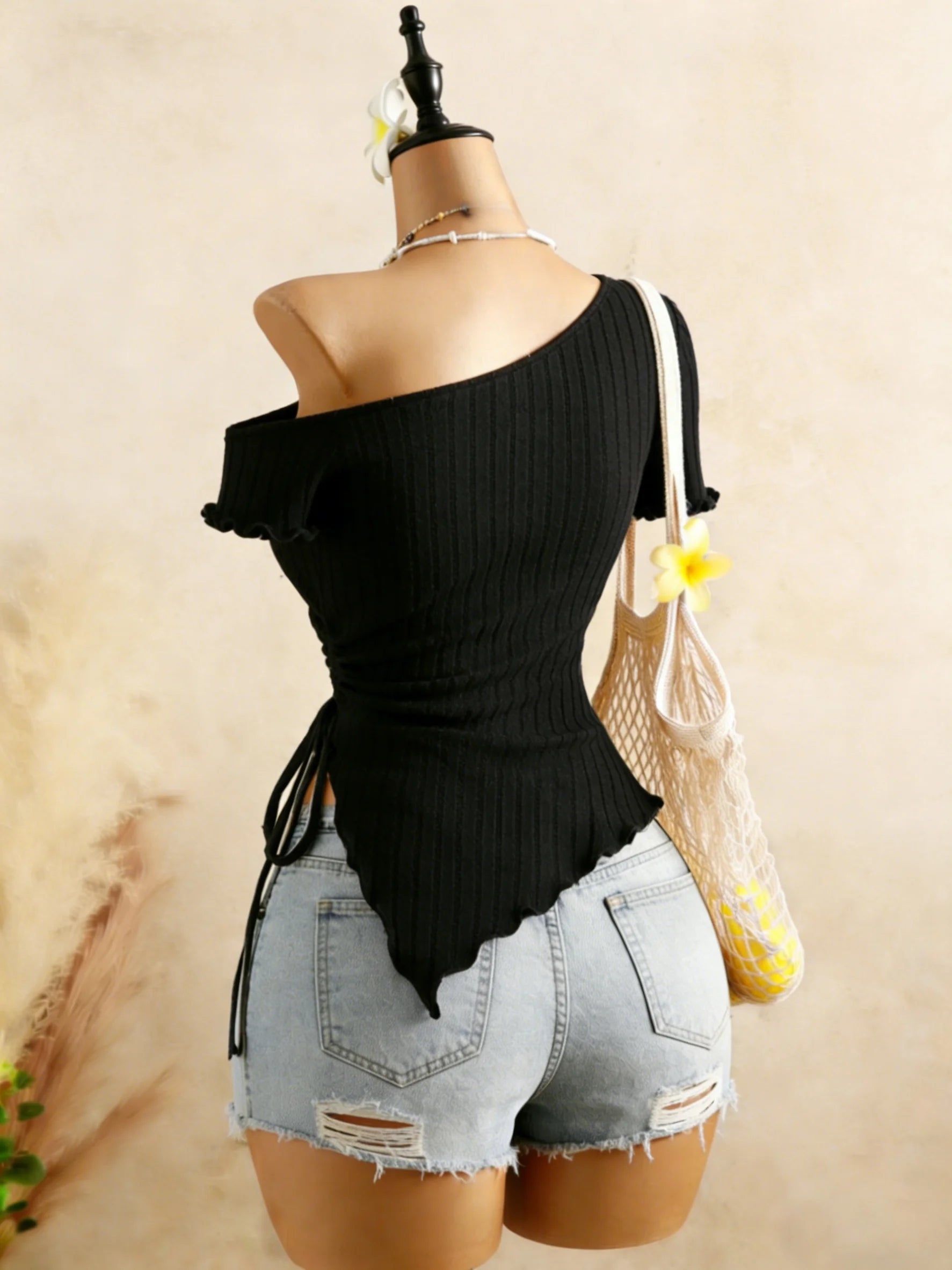 Ribbed One Shoulder Top With Asymmetrical Hem, Drawstring Ruched Detailing