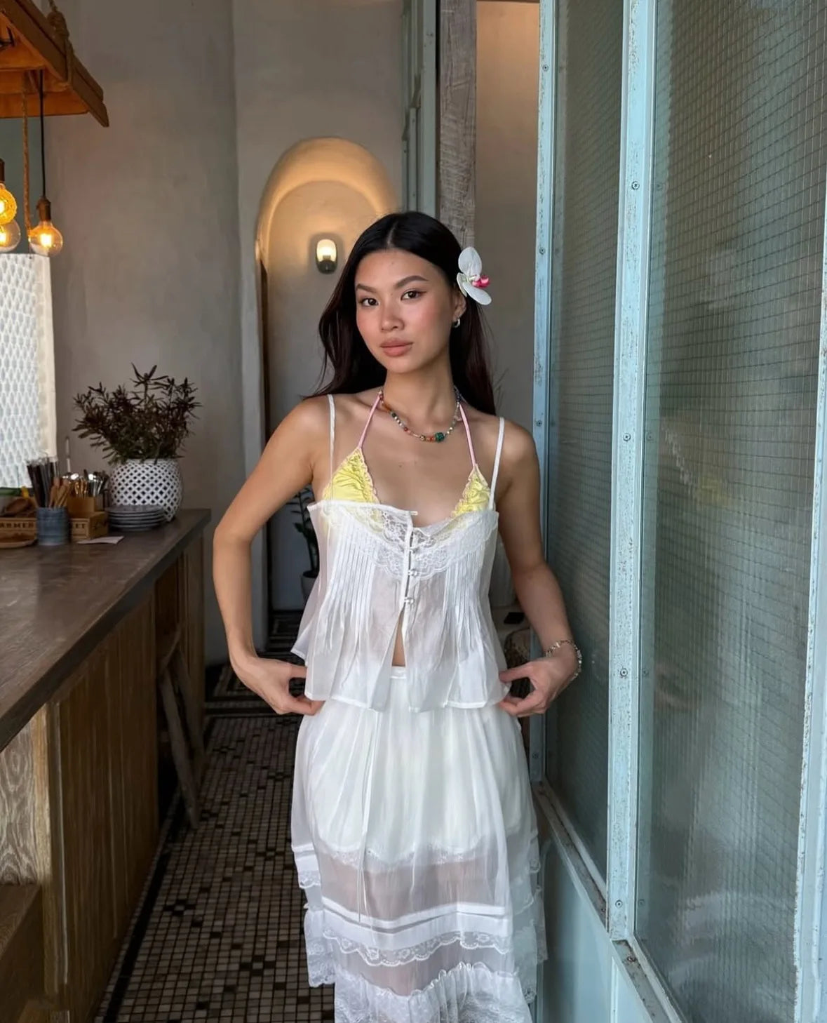 Lace Strap Boho Camisole Top Sheer Cotton Rayon Sleeveless