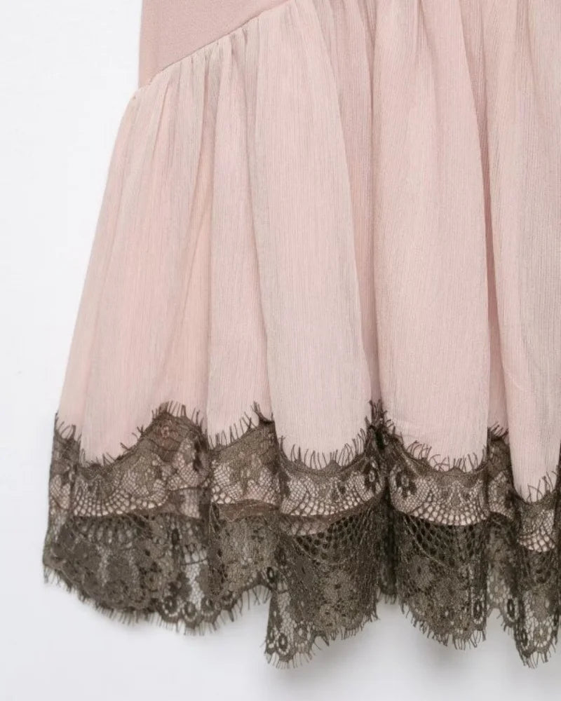 Pink Lace Trim Spaghetti Strap Mini Dress With V Neck Flirty Slip On