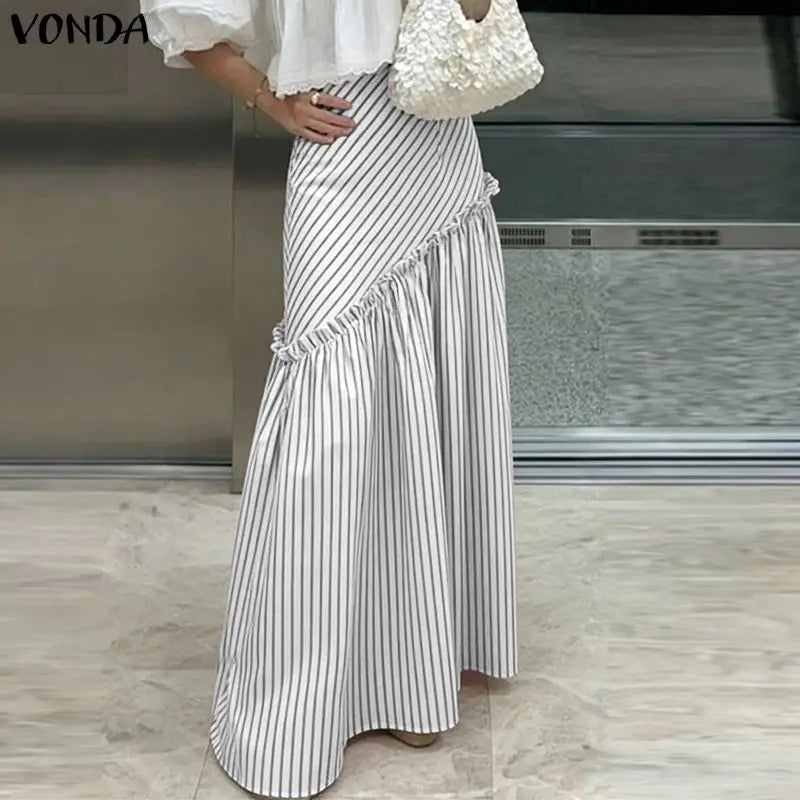 Striped Ruffle Maxi Skirt With High Waist Plus Size Floor Length