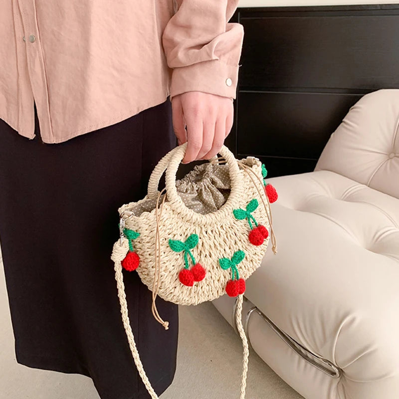 Cherry Deco Chic Shoulder Bag Mini Basket Purse Paper Weave Handmade