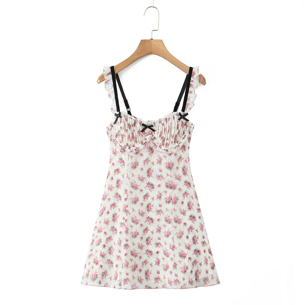 Floral Print Women Sexy Hollow Out Backless A-line Sling Mini Dress