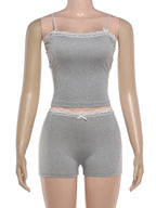 Lace Patchwork 2 Piece Set Women Fashion Bow Applique Low-Neck Camisole+Bike Shorts
