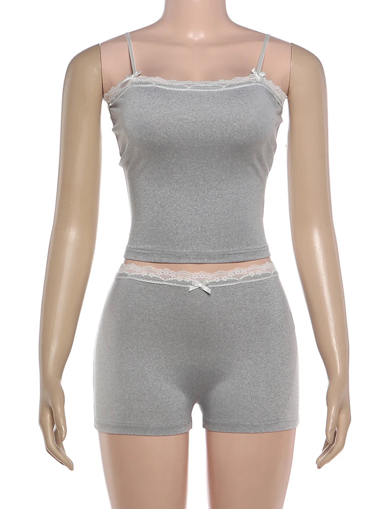 Lace Patchwork 2 Piece Set Women Fashion Bow Applique Low-Neck Camisole+Bike Shorts