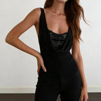 Retro Backless Cowl Neck Sequin Crop Top Sleeveless Square Collar Glam Tank