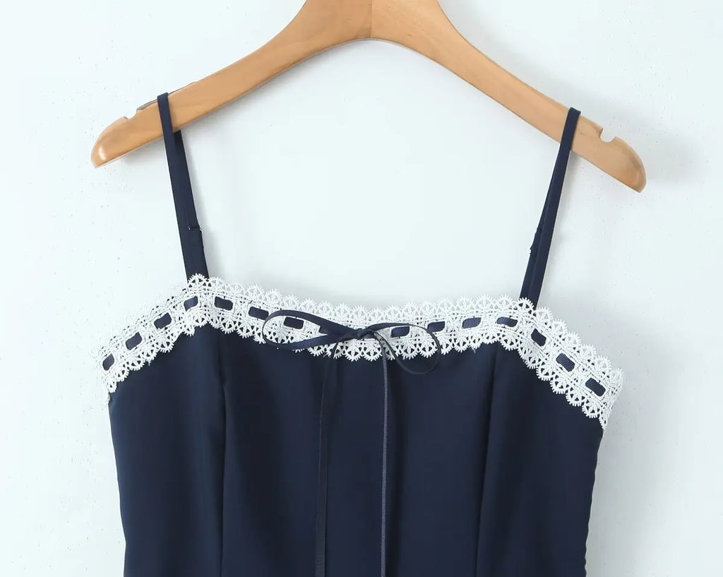 Lace Patchwork Sling Mini Dress For Women Sexy Low Waist Pleated Hem A-line
