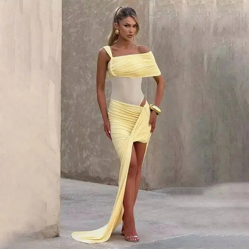 Off Shoulder Pleated Maxi Dress With Lace Patchwork