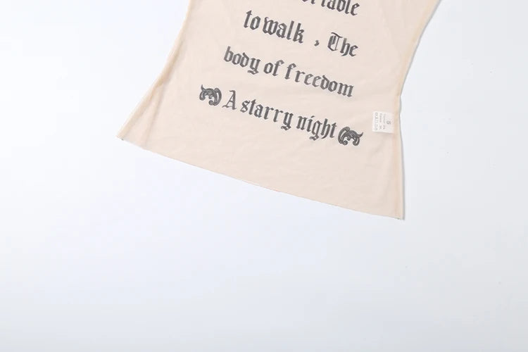 Midnight Letter Print Mesh Patchwork Top With Backless Design For Women Streetwear Mood