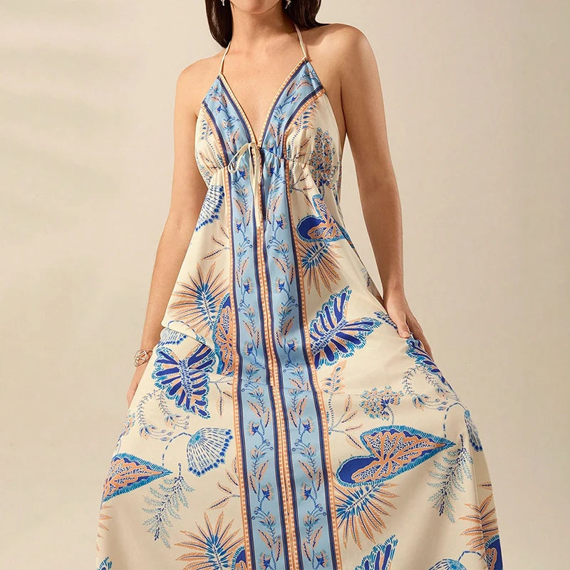 Boho Chic Patterned Suspender Dress With Backless V Neck Pleated Beach Maxi