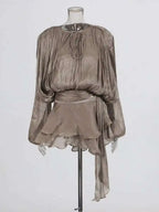 Lace Up V Neck Mini Dress For Women Long Sleeve